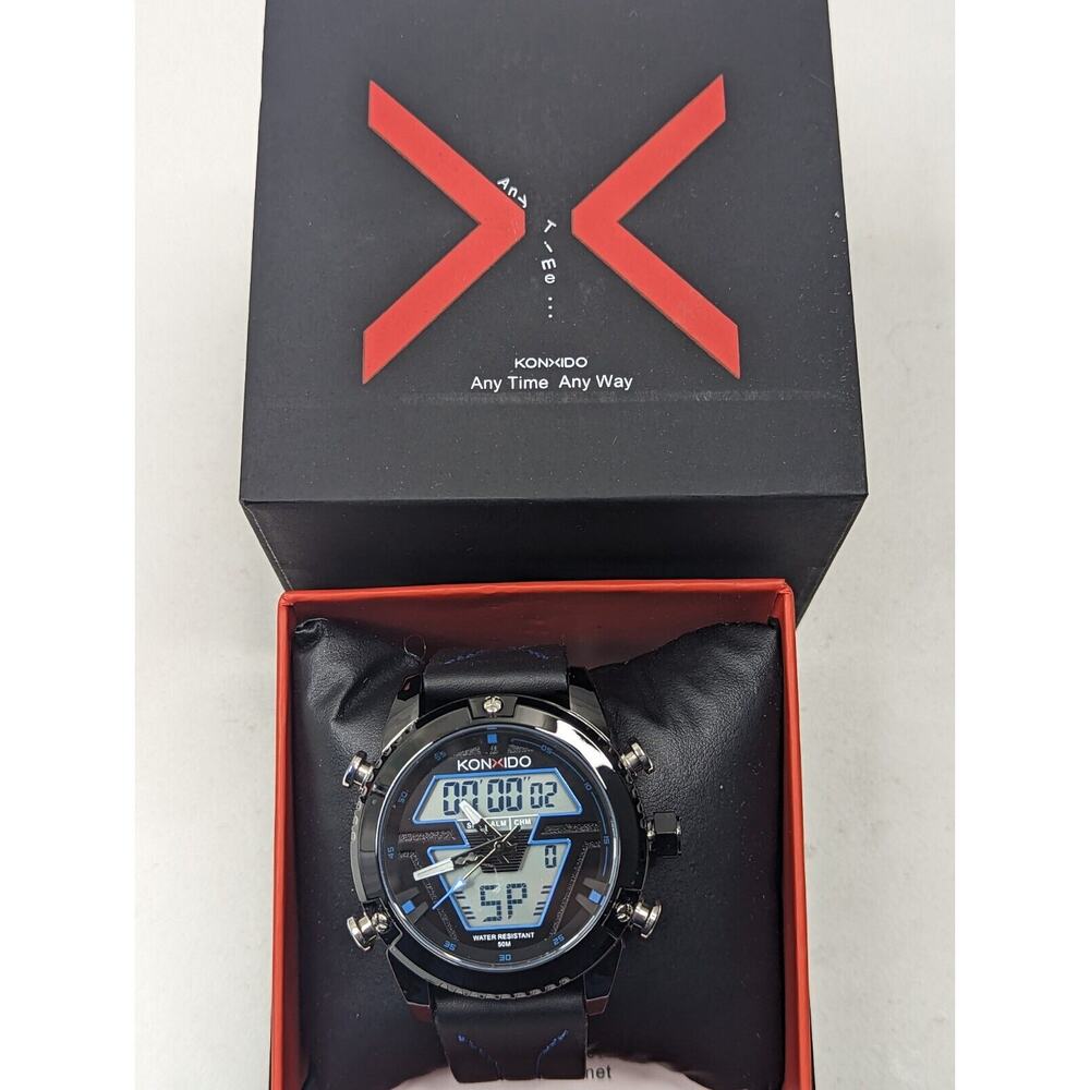 KONXIDO Mens Black Blue Leather Band Analog Quartz Watch with Digital KO6368 - Picture 1 of 4